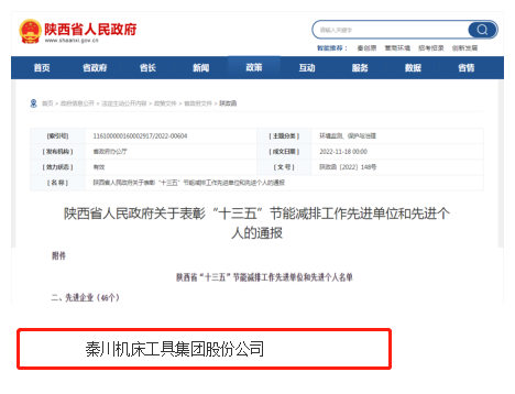 秦川集團榮獲陜西省“十三五” 節能減排工作先進企業